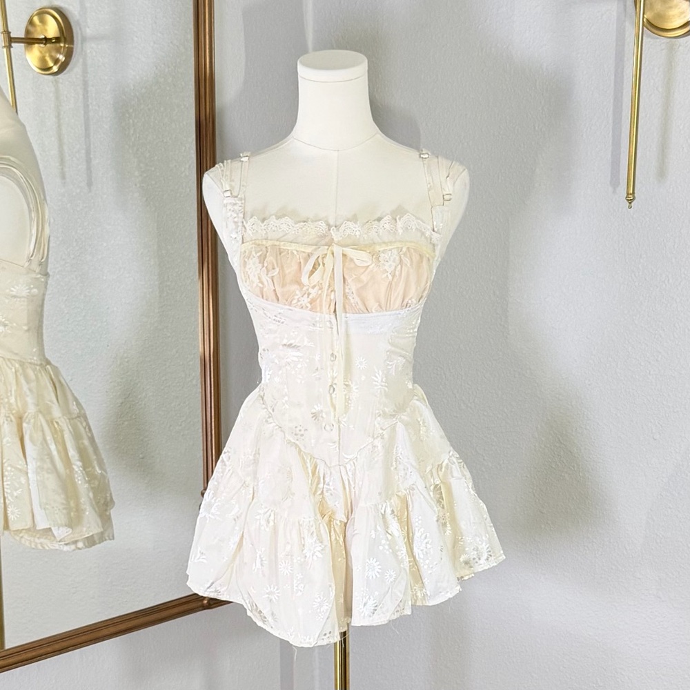 Coquette Momo Koala Floral Jacquard Corset Romper S Cream Lace Ribbon Cottagecor